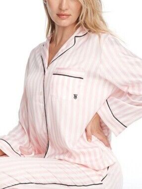 Victoria's Secret Pink White Metallic Striped Cotton Blend Button Sleep Shirt